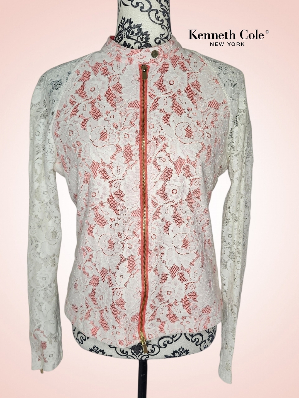 KENNETH COLE White Lace Bomber Jacket with Orange Lining - Medium